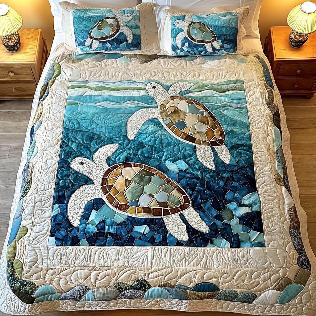 Ensemble de literie matelassé de 3 pièces - Tortues Marines