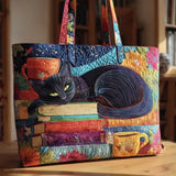 Sac à Main Artisanal “Chat Noir avec Livres et Tasses”
